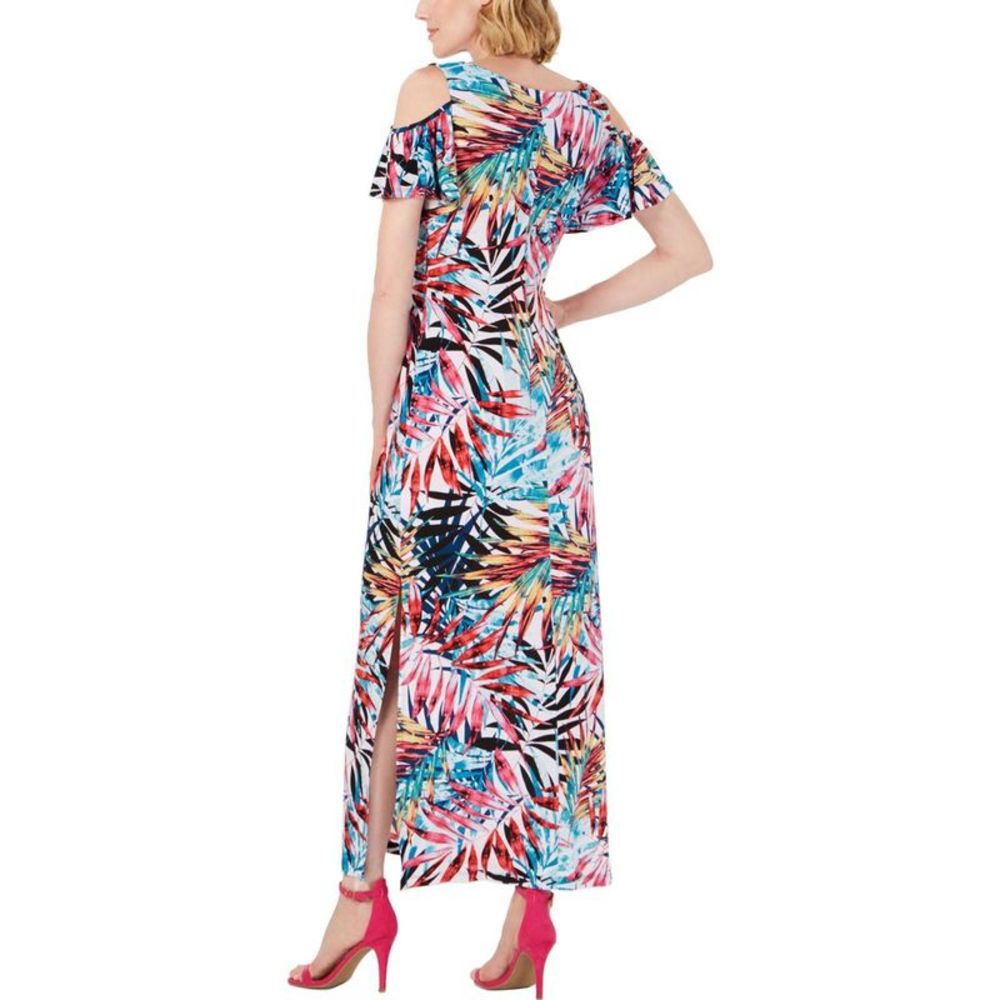 Connected Apparel Womens Blue Floral Cold Shoulder V-Neck Maxi Dress NWOT - Picture 2 of 3